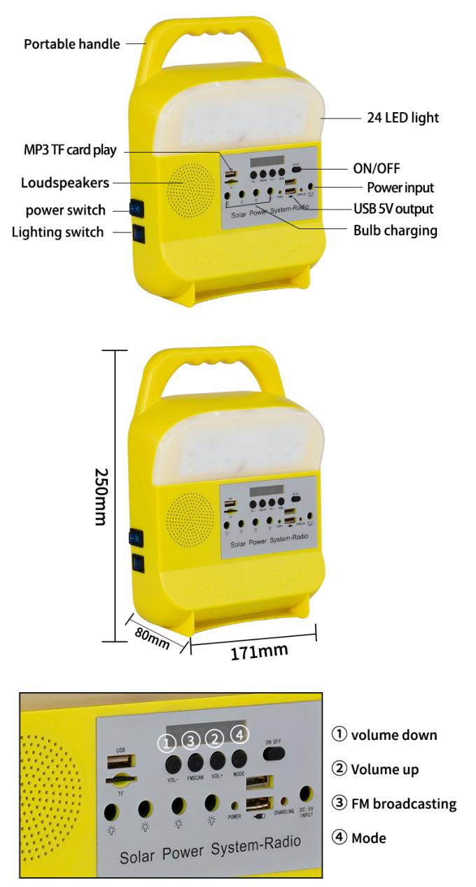 Kleines Solarbeleuchtungssystem mit TF-Karte/Doppel-USB-Spieler Jack/Bluetooth/MP3 /FM-Radio